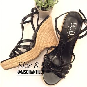 BCBG Jute Wedges Black Patent Upper Shoes Size 8.5